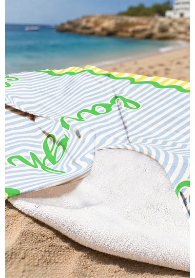 Çizgili Motto Yazılı Plaj Havlusu - Modern Marine Sarı Mavi Hızlı Kuruyan Mikrofiber Havlu Uçuk Papatya
