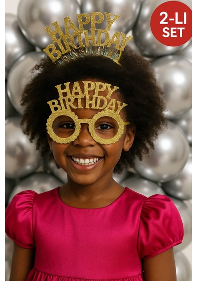 Gold Happy Birthday Simli Doğum Günü Taç Ve Gözlük Seti 2 Li Parti Aksesuarı Fotoğraf Konsepti