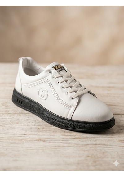 Baloğlu 1980 Beyaz-siyah Hakiki Deri Günlük Erkek Sneaker Ayakkabı Beyaz
