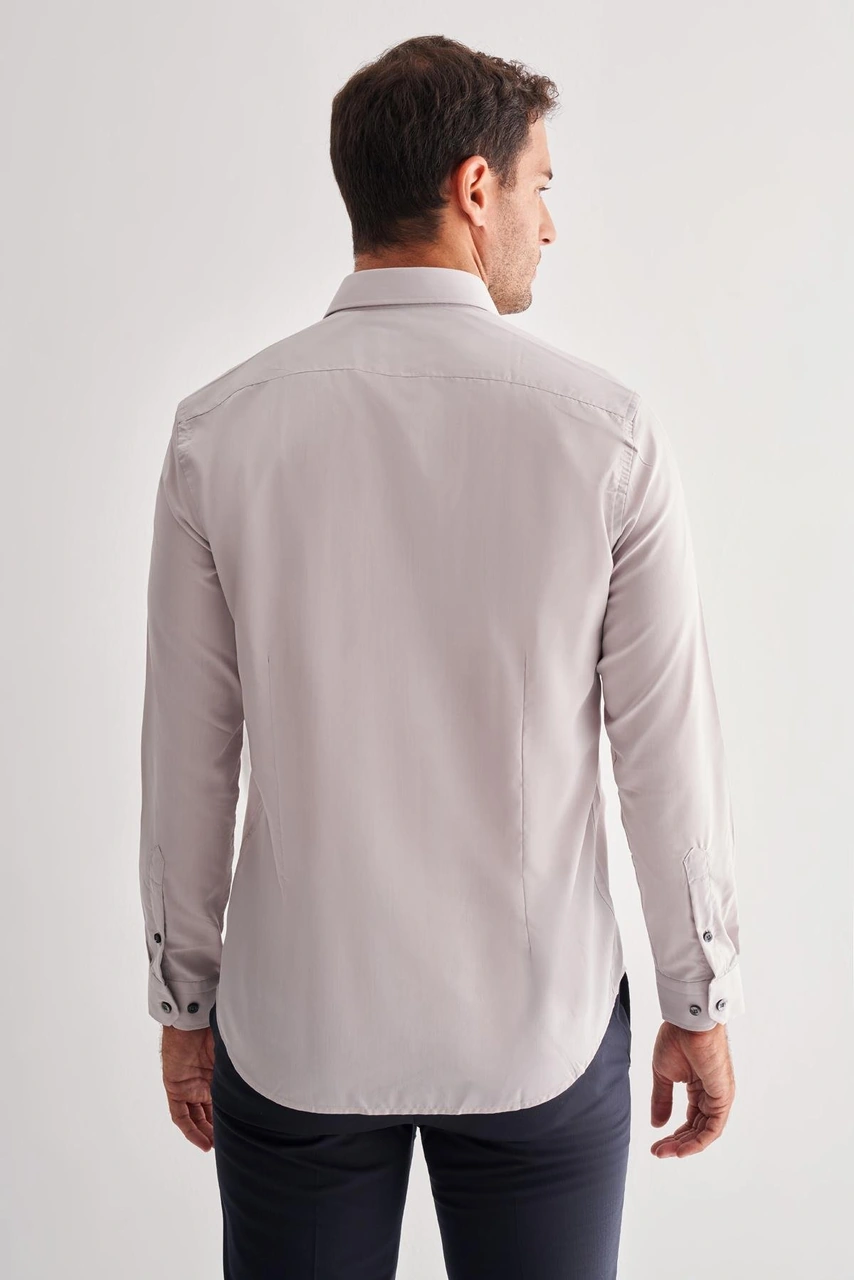 İmza Taş Rengi Yarım İtalyan Yaka Uzun Kol Easy To Iron Slim Fit Pamuklu Gömlek 1004255301 - Taş Rengi