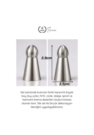 Pastasüsleme Pasta Süsleme 5'li Profesyonel Büyük Boy Paslanmaz Çelik Krema Sıkma Fırfır Duy Uçları Gri