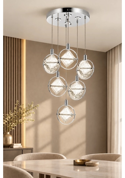 Modern Premium Krom 6'lı Sarkıt Avizesi Ledli Cam 27w Beyaz Işık 4000k Modelleri Salon Yatak Odası