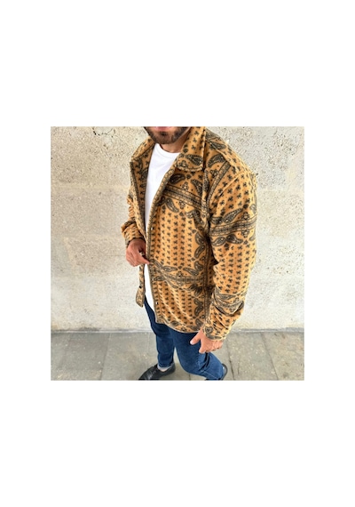 Erkek Düğmeli Gömlek Polar Sweatshirt Yumuşak Dokulu Oversize Kalıp -sarı
