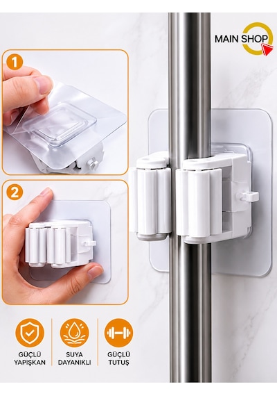 Mainshop 2 Li Paket Yapışkanlı Mop Süpürge Tutucu - Delmesiz Paspas Askısı M-310 Beyaz