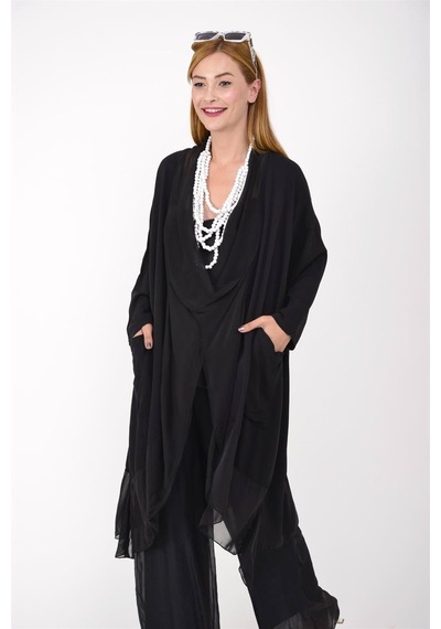 Bohem Stil Italyan Ipek Detaylı Oversize Kaftan & Bluz-8711 Siyah