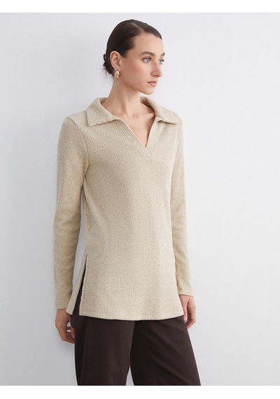 Lcw Comfort Bej Polo Yaka Parlak Görünümlü Bluz