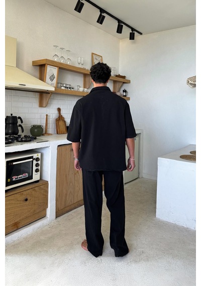 Flaw Basic Oversize Kısa Kol Keten Gömlek Siyah-26087 Siyah