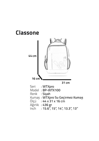 Classone BP-WTX100 15.6" Siyah Notebook Sırt Çantası
