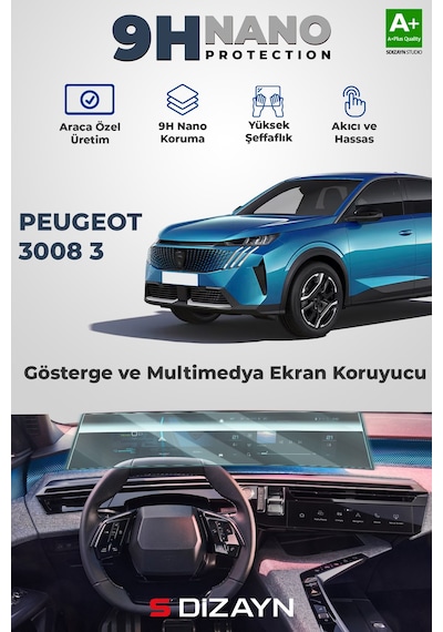 S-dizayn Peugeot 3008 3 21 İnç 9h Nano Gösterge & Multimedya Ekran Koruyucu Parlak 2024 Üzeri A+ Kalite