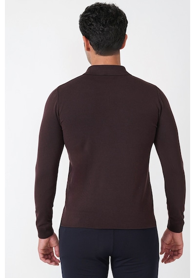 Slim Fit Esnek Pamuklu Fermuarlı Polo Yaka Kahverengi Triko Tr 902
