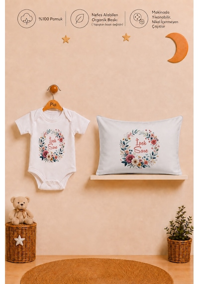 Pia Baby İsme Özel Kız Bebek Hediyesi %100 Pamuk Organik Baskılı Body Yastık Kılıfı Ve Ham Bez Kıyafet Kesesi 1069byk2x Ekru