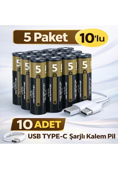 Usb Type-c Girişli Şarjlı Aa Lityum Pil 1.5v Sabit Çıkış 3200mwh 5'li Paket - 10 Adet