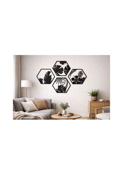 Arliadesign 4 Parçalı Petek Şeklinde Modern Çiçek Bahçesi Ahşap Tablo Seti / Duvar Dekoru / Siyah 3 Mm Mdf