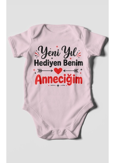 Morivokids Yeni Yıl Hediyen Benim Anneciğim Kısa Kollu Bebek Body %100 Pamuk Bebe Pembe