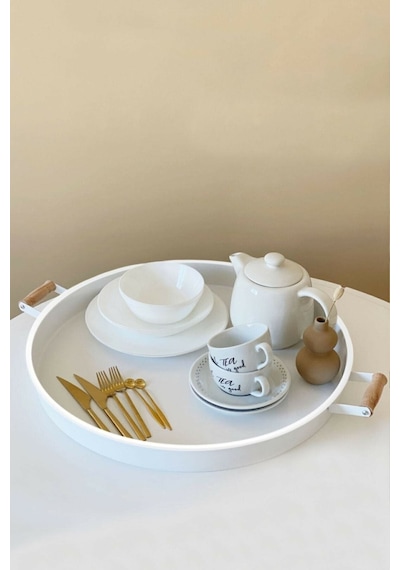 Qerhome Galvaniz 51 Cm Beyaz Ahşap Kulplu Yuvarlak Tepsi Beyaz