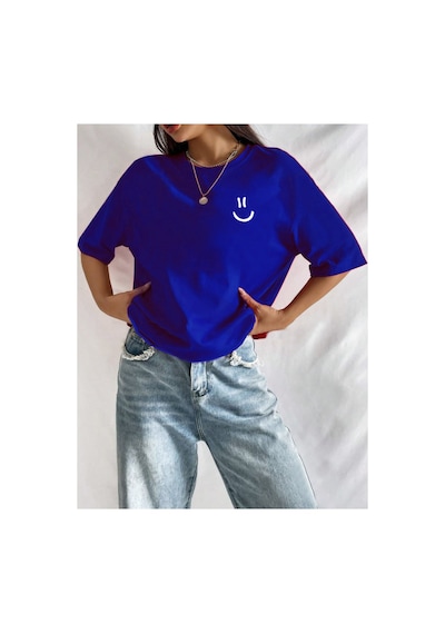 Medinenur Gülen Yüz Baskı Unisex T-shirt Mavi