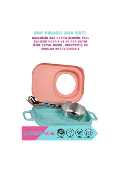 Uzspace Bento 1100ml Lunchbox Tek Katlı 3 Bölmeli Kaseli Çelik Sefer Tası Yemek Kutusu Turuncu-turkuaz Bakır