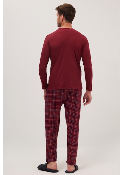 Tudors Erkek Regular Fit Pamuklu Düğmeli Yaka Beli Lastikli Desenli Bordo Pijama Takımı-39790 Bordo