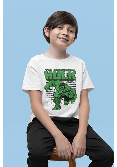 Sevbano The Incredible Hulk Yazılı Unisex Film Kahramanı Çocuk Tişört 1- Beyaz