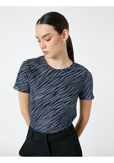 Koton Zebra Desenli Tişört Kısa Kollu Mavi Desenli 3sak50036ek 3SAK50036EK6D7 Mavi