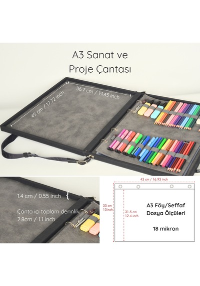 Fogho A3 Boy Siyah Lüks Proje Çantası - Deri Sanat Çantası Ve San
