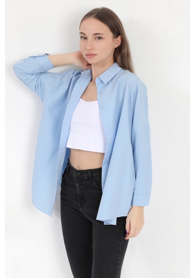 Giysa Kadın Buz Mavi Uzun Kollu Basic Pamuklu Oversize Gömlek - 3900 Mavi