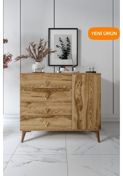 Simple 4 Çekmeceli 1 Kapaklı Modern Şifonyer Ceviz Ceviz