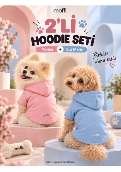 2'li Kız Ve Erkek Kedi Köpek Çift Kombini Kapüşonlu Sweatshirt Pembe & Mavi Kışlık Hoodie Seti