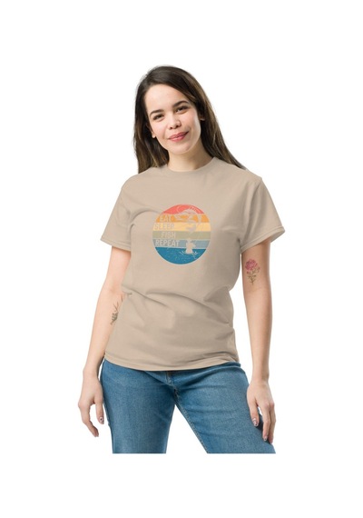 Wildstyle Retro Balık Gün Batımı Vintage Balıkçılık Deniz Baskılı Unisex Bisiklet Yaka Pamuklu Tişört Camel