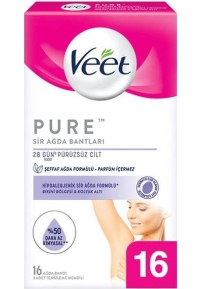 Veet Pure Bikini Bölgesi Ve Koltuk Altı İçin Hipoalerjenik Sir Ağda Bandı 16'lı + Temizleme Mendili 3'lü