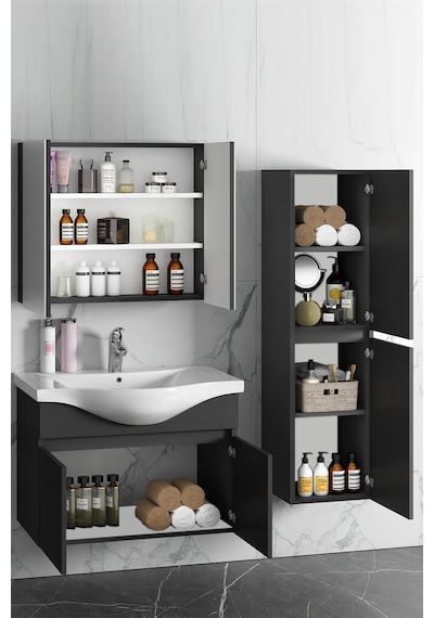 Yıldız 80+35 Cm Antrasit Gri Mdf Lavabolu Asma Banyo Dolabı Takım Antrasit - Gri