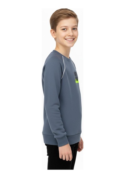 No Baskılı Kapşonsuz Rahat İndigo Renk Erkek Çocuk Sweatshirt-90833 İndigo