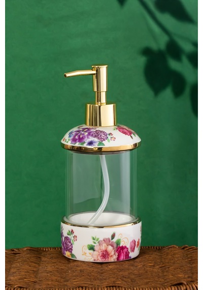 Porsima 3127 Gold Kapaklı Porselen Ve Cam Sıvı Sabunluk Çiçek Desenli Ve Şeffaf Tasarım 350 Ml Gold