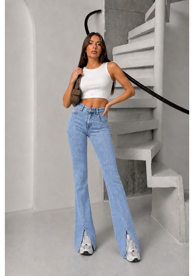 Bluemarlin Buz Kar Likralı Esnek Paça Yırtmaçlı İspanyol/flare Denim Pantolon Buz Kar