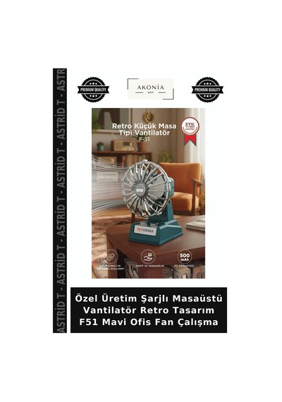 Özel Üretim Şarjlı Masaüstü Vantilatör Retro Tasarım F51 Mavi Ofis Fan Çalışma