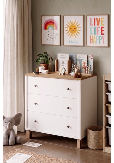Robin Home Lena Bebek Çocuk Odası Şifonyer 3 Çekmece Ahşap Ayaklı Sepet-beyaz