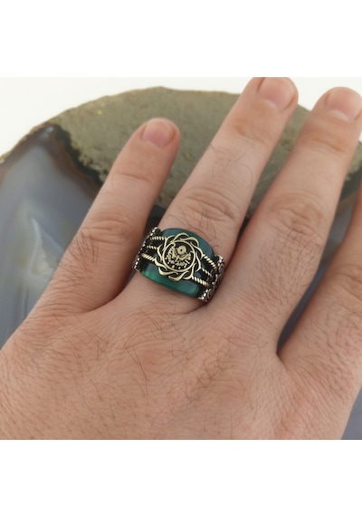 Fkgümüş Yeşil Akik Taşlı Osmanlı Devlet Arması Erkek Yüzük
