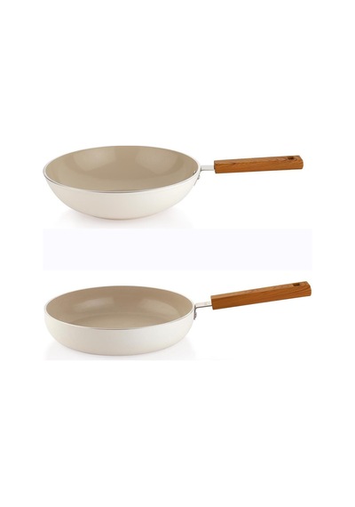 Schafer Ceramoni Seramik Tava 28 Cm Ve 28 Cm Wok Tava Seti Krem Krem