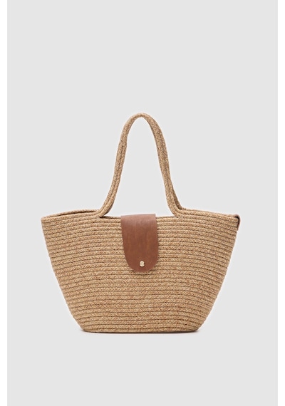 Shule Bags Duffy Kapaklı Handmade Hasır Tote Çanta Vizon Vizon