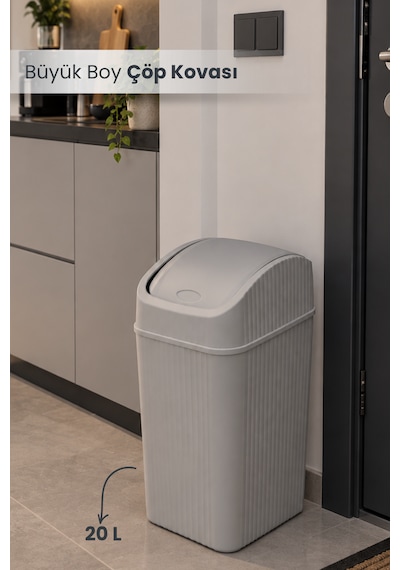 20 Litre Pratik Kapaklı Mutfak Çöp Kovası Büyük Boy Banyo Çöp Kovası Gri