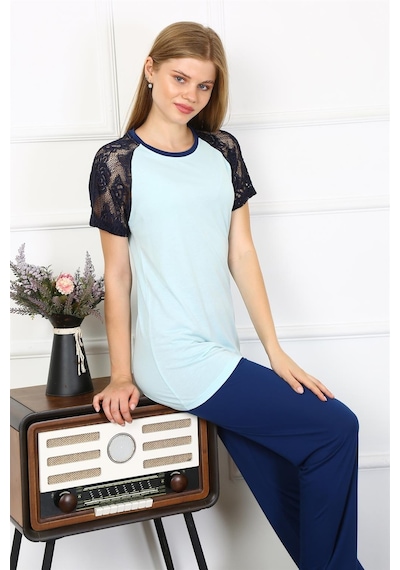 Akbeniz Kadın Kolu Dantelli Penye Pijama Takım 4148 - 3xl Su Yeşili