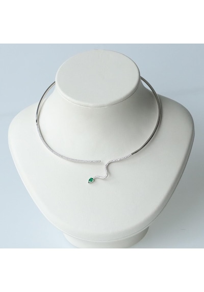 Yeşil Zirkon Taşlı Serpent Choker Gümüş Kolye Gümüş