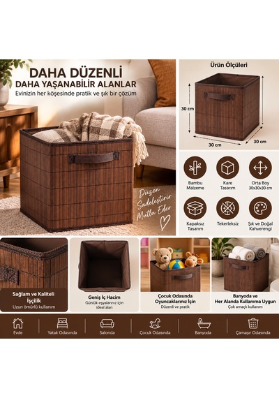 Bambu Hasır Sepet 30x30x30 Cm Kare Dekoratif Düzenleyici Saklama Sepeti Kahverengi