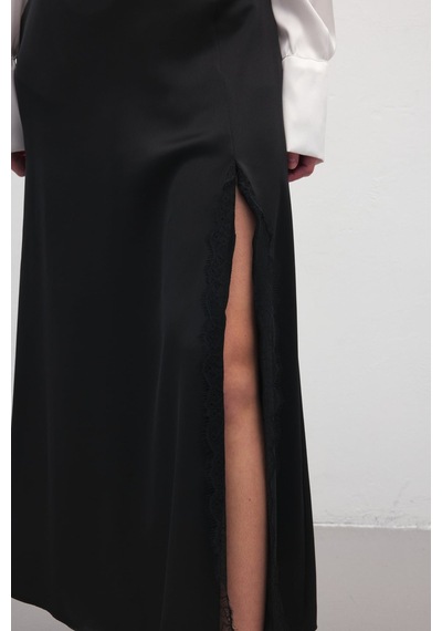 Sateen Dantel Detaylı Saten Etek - Siyah-137170 Siyah
