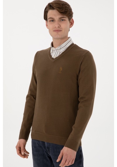 U.S. Polo Assn. Erkek Slim Fit V Yaka Haki Basic Kazak 50288886-VR027