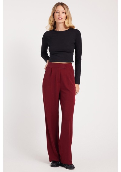 Tudors Kadın Regular Fit Klasik Kesim Cırt Kapamalı Geniş Paça Bordo Pantolon-39576 Bordo