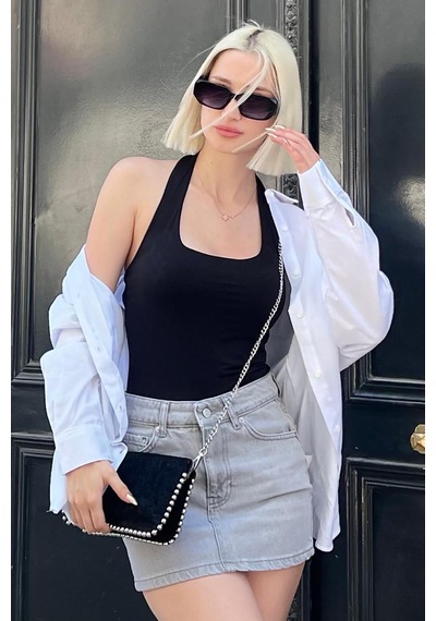 Madmext Siyah Halter Yaka Boyun Askılı Crop Body Mg2146-siyah Siyah