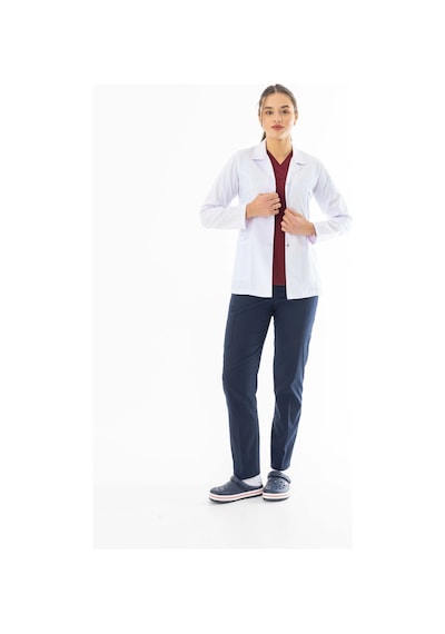 Spor Yaka Kulplu Kadın Doktor Önlüğü Alpaka Kumaş Ceket Boy Bko005 Beyaz
