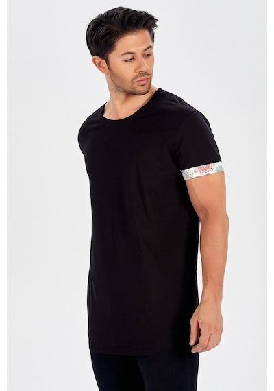 Peraluna Kol Ucu Desenli Uzun Siyah Pamuklu Erkek T-Shirt-Siyah