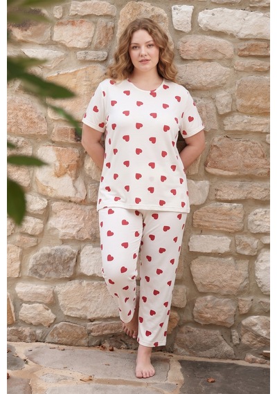 Fullamoda Kalp Desenli Büyük Beden Pijama Takımı Kırmızı